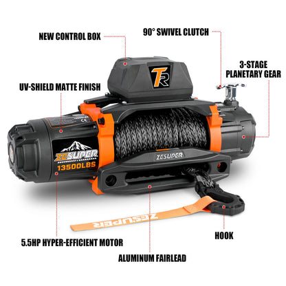 ZESUPER 13500 lb Load Capacity 12V Electric Winch 100ft Synthetic Rope Hook Winch Kit for Jeeps Trailer Truck SUV Waterproof IP68 Winches with Hawse Fairlead and 2 in 1 Wired&Wireless Handle Remote
