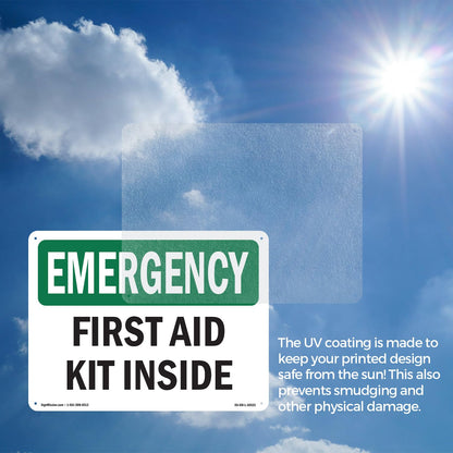 First Aid Kit Inside OSHA Emergency Aluminum Sign 18 Inch x 12 Inch - 5 Pack
