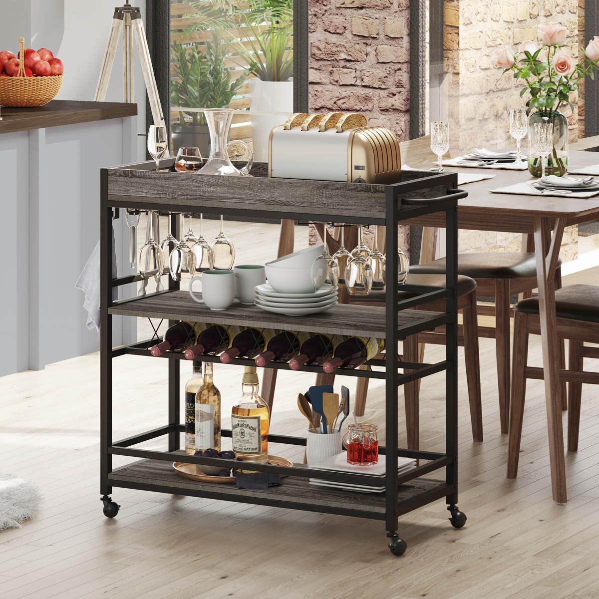 BON AUGURE Bar Cart, Home Bar Serving Cart on Wheels, Mobile 3 Tier Liquor Beverage Carts with Wine Rack and Glass Holder (Grey Oak)