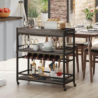 BON AUGURE Bar Cart, Home Bar Serving Cart on Wheels, Mobile 3 Tier Liquor Beverage Carts with Wine Rack and Glass Holder (Grey Oak)