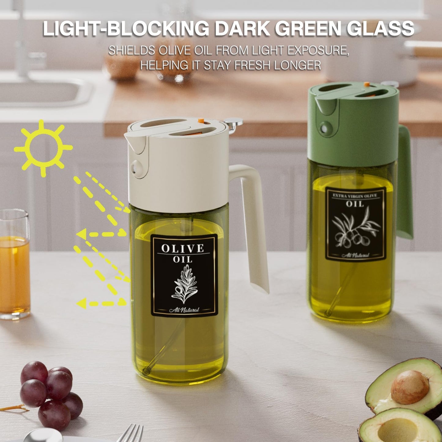 2-IN-1 500ml/17oz Light-Blocking Dark Oil Sprayer for Cooking with Sticker, Dark Green Glass Olive Oil Dispenser Bottle for Kitchen, Even Spray with Portion Control, Perfect for Air Fryer, BBQ - Black