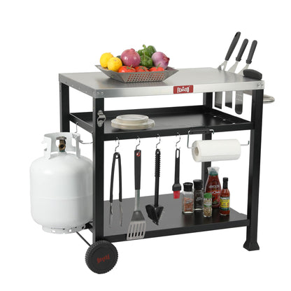 Feasto 3-Shelf Pizza Oven Table 33.5" x 21.7" Stainless Top, Rolling Outdoor Grill Cart with Waterproof Cover for Pizza Ovens & Griddles, Heavy-Duty BBQ Prep Station for Patio & Deck, Black