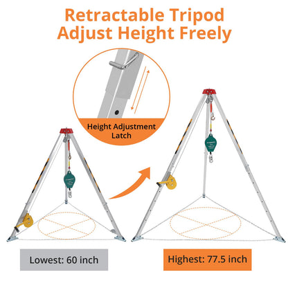 GarveeTech Confined Space Tripod Kit with 1200 LBS Lifting Winch and Fall Arrester, Sewer Rescue Tripod with Safety Self-Locking Device