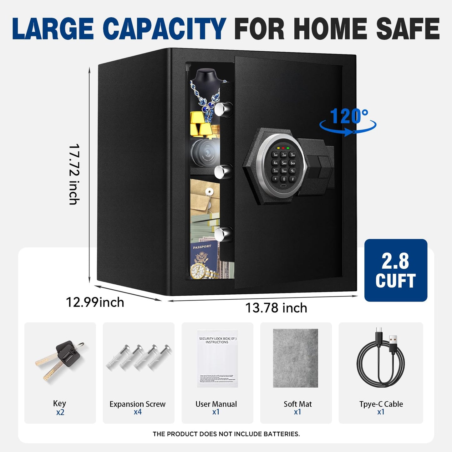Fdsutvit Fireproof Home Safe Box- Steel Digital Combination Lock Security Box with Type-C Backup & Sensor Light, Key Lock Safety Box for House Office Documents Money Jewelry Handgun - Black 2.8 Cu Ft