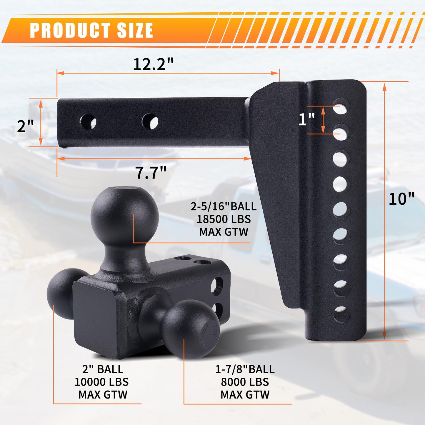 Adjustable Drop Hitch Tri-Ball, 8" Drop/Rise, 18,500 LBS GTW, Fits 2-Inch Receiver, Anti-Theft Locking Pins, Heavy-Duty Trailer Hitch for Trucks