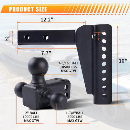 Adjustable Drop Hitch Tri-Ball, 8" Drop/Rise, 18,500 LBS GTW, Fits 2-Inch Receiver, Anti-Theft Locking Pins, Heavy-Duty Trailer Hitch for Trucks