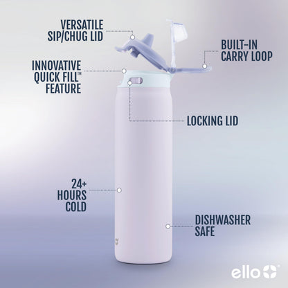 Ello Pop & Fill 22oz Stainless Steel Water Bottle with Quick Fill Technology, Double Walled and Vacuum Insulated Metal, Leak Proof Locking Lid, Sip and Chug, Reusable, BPA Free, Aurora (Pack of 6)