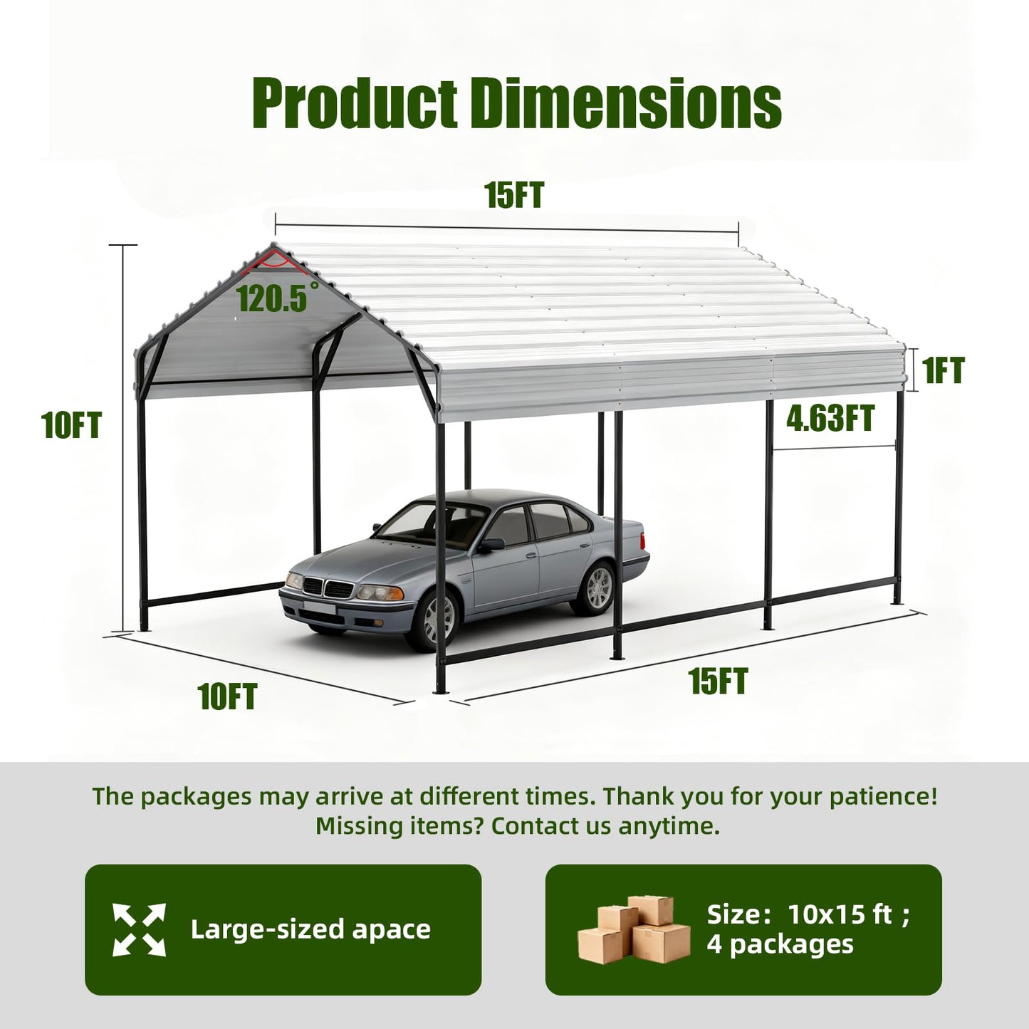 VOYSIGN Metal Carport Heavy Duty 10x15ft Outdoor Galvanized Steel Car Port, Vehicle Canopy Garage Shade, Multi-Use Shelter for Car, Boat, Tractors & Outdoor Storage