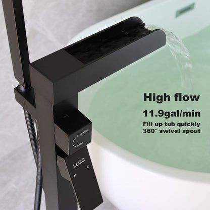 High Flow Freestanding Bathtub Faucet Waterfall LLGG Tub Filler Black 11.9GAL Floor Mount Bathroom Faucets with Handheld Shower Sprayer RIGOBAL