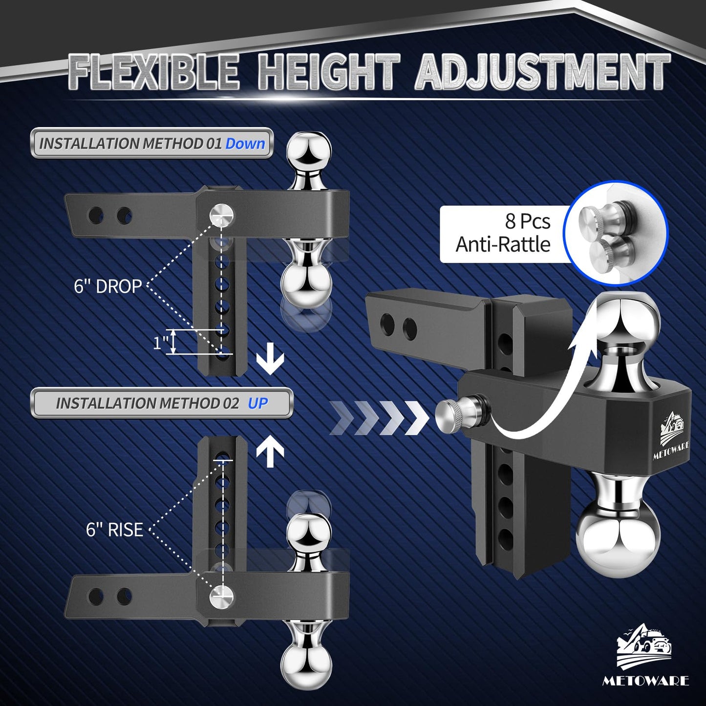METOWARE Adjustable Trailer Hitch - Aluminum Drop Hitch Fits 2-Inch Receiver - Heavy Duty Trailer Hitch with 6-Inch Drop/Rise for Truck (12,500 LBS GTW), Double Stainless Steel Hitch Lock(Black)