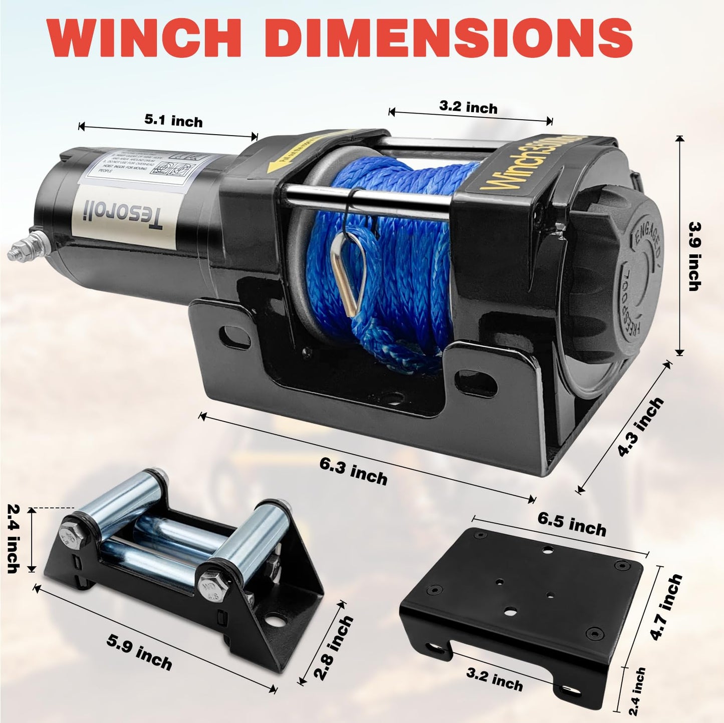 3500lbs ATV/UTV Electric Winch 12V DC with Wireless Remote, Synthetic Rope Electric Winch, Waterproof Winch with Mounting Plate,with Fairlead&Hook for Trucks, Jeeps, ATV, UTV, and Trailers