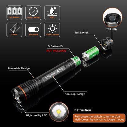 KunHe 10 Pack Heavy Duty 3D Cell LED Flashlights Large Aluminum Zoomable High Lumens 1000 LM Battery Powered Police Flash Light- Big Flashlight for Home Emergency Power Outages Camping Car