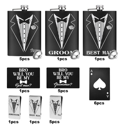 33 Pcs Groomsmen Proposal Gift - 8 Flasks 8 Funnel 8 Bottle Opener 6 Invitation Card 7 Money Clip, Groomsmen Gifts Set of 7 for Wedding