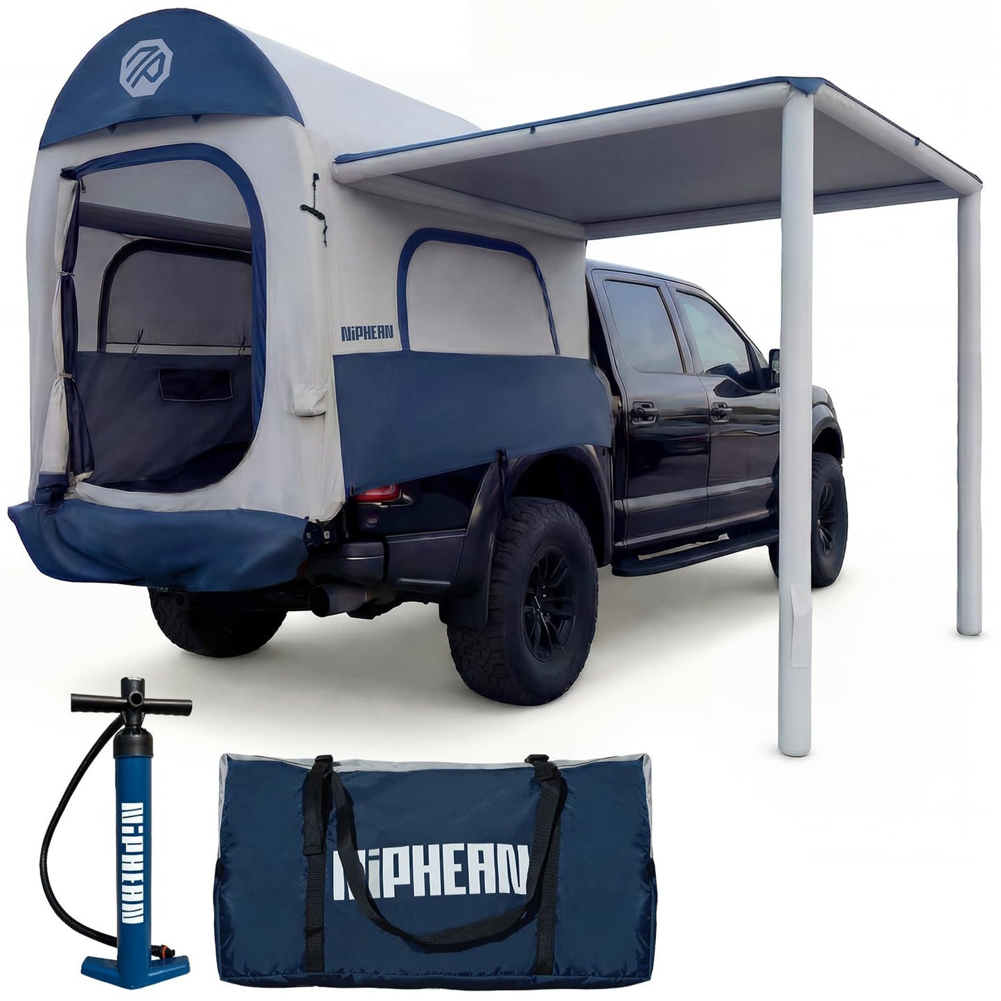 Niphean Inflatable Truck Bed Tent with Zipper-Connect Rv Awning, 3-Min Setup Camping System for 5.5–8ft Truck Tent, Waterproof PU3000mm + UV50+ Side Shade, 2+1 Person Overland Shelter