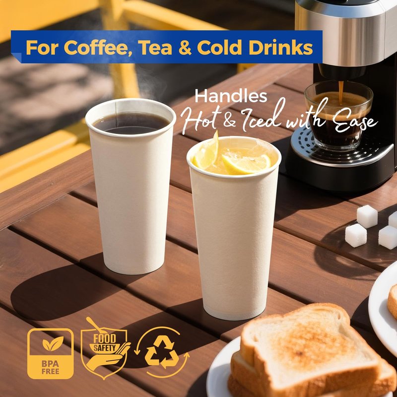 Fit Meal Prep 100 Pack 24 oz Disposable Paper Coffee Cups, Premium Hot Cups for Hot/Cold Beverage, Durable Thickened White Paper Cup Bulk for Party, Office, Bussines, Cafes, Bistros, Daily Use