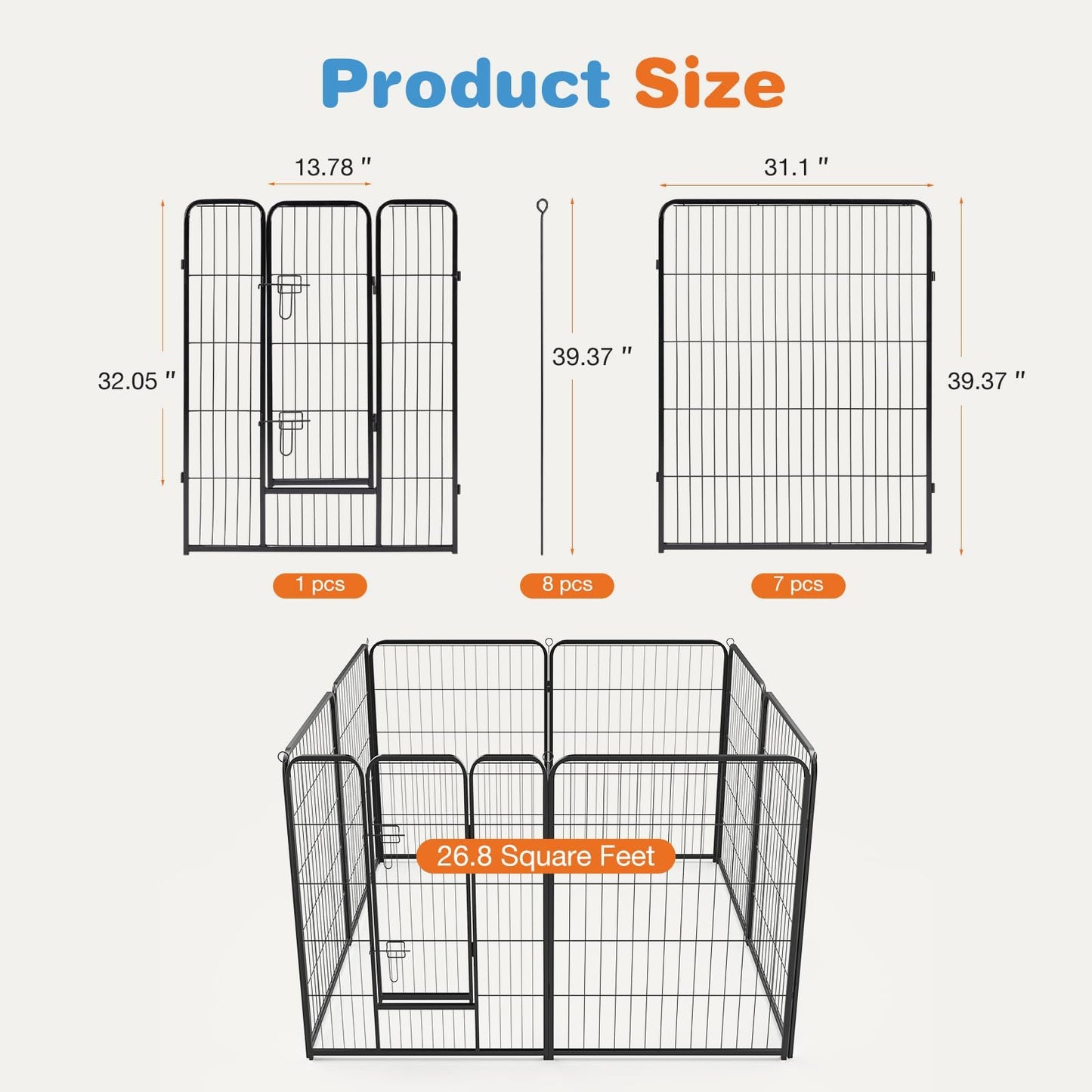40” Heavy Duty 8-Panel Metal Pet Playpen | Indoor/Outdoor Dog Exercise Pen with Door – for Puppies, Small to Large Dogs, Rabbits | Ideal for Camping, Yard & Garden Use