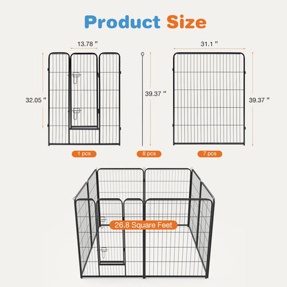 40” Heavy Duty 8-Panel Metal Pet Playpen | Indoor/Outdoor Dog Exercise Pen with Door – for Puppies, Small to Large Dogs, Rabbits | Ideal for Camping, Yard & Garden Use