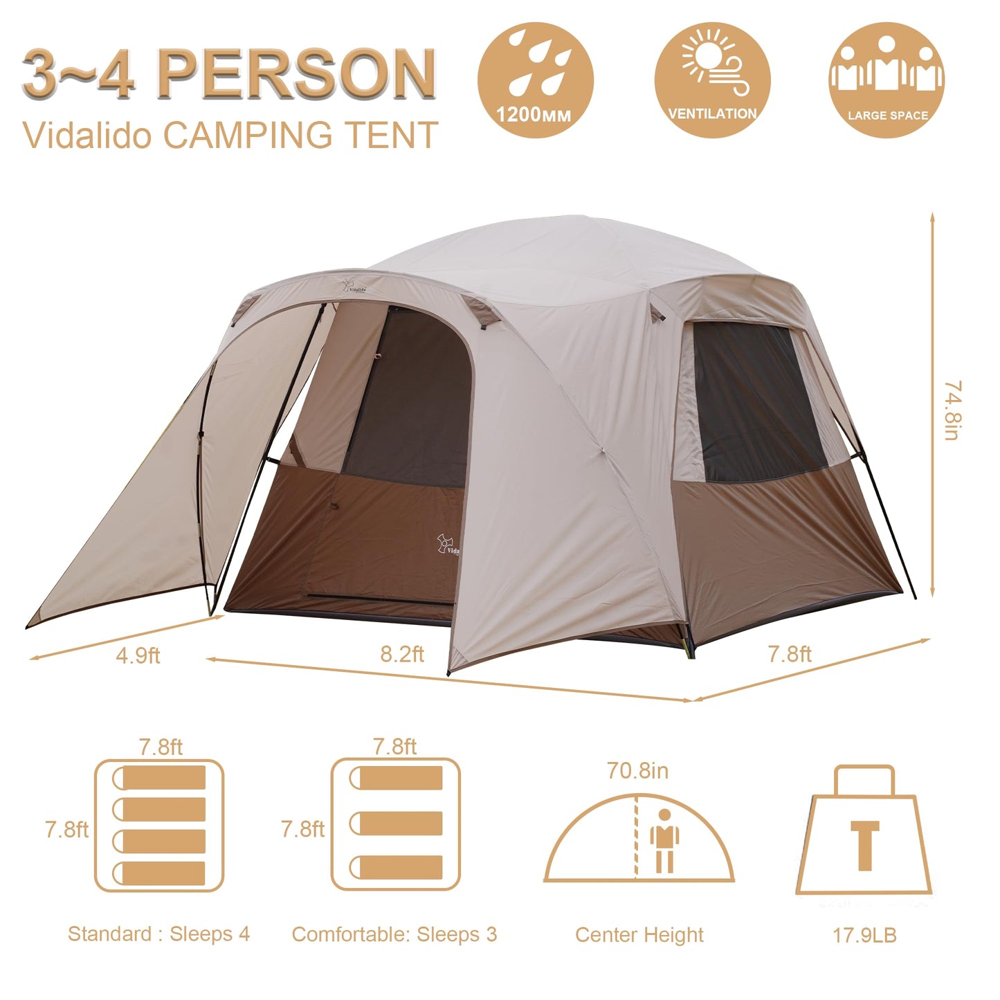 Vidalido 3-4 Person Tent with 1 Mesh Door and 2 Large Mesh Window, Double Layer Waterproof Portable Family Cabin Tent, 4 Person Tents for Outdoor Camping Hiking