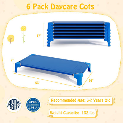 Giantex Stackable Daycare Cots for Sleeping, 53" L x 24" W Portable Nap Cots for Kids and Toddlers w/Easy Lift Corners, Space-Saving Toddler Bed for Preschool Classroom Pet Daycare, Pack of 6, Blue