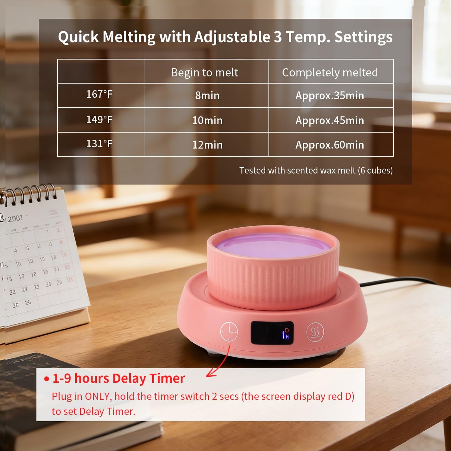 Lyty 4-in-1 Wax Melt Warmer, Candle Warmer with Delay Start Timer, Fragrance Scented Wax Melter Wax Cube Warmer with 3 Color Light for Home Bedroom Spa Office, 8H Auto Shut Off (Pink)