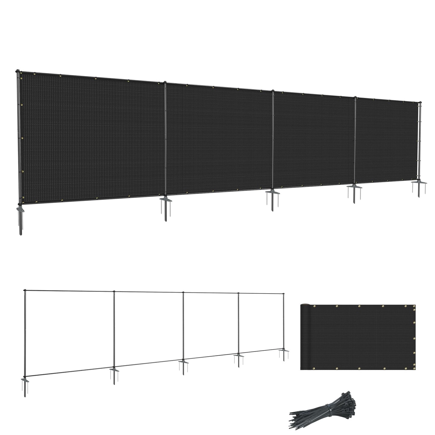SunnyRoyal 5' x 24' Privacy Fence Screen Panel with Iron Poles Freestanding No Dig Heavy Duty Windscreen Mesh Fabric Temporary Dog Fencing for Outdoor Backyard Patio Garden (Black)