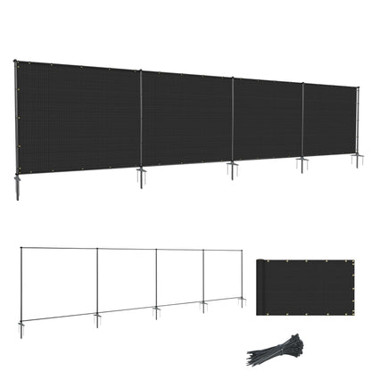 SunnyRoyal 5' x 24' Privacy Fence Screen Panel with Iron Poles Freestanding No Dig Heavy Duty Windscreen Mesh Fabric Temporary Dog Fencing for Outdoor Backyard Patio Garden (Black)