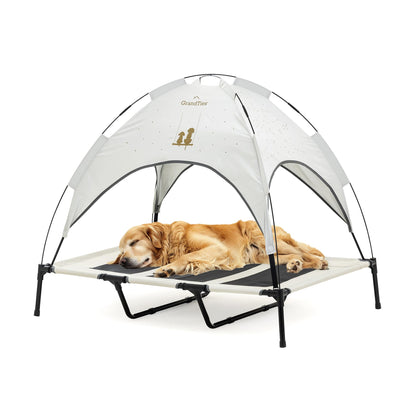 GrandTies Cooling Elevated Dog Bed with Canopy – XL Portable Pet Cot for Outdoor & Indoor Use – Waterproof Removable Shade, Breathable Mesh, Slip-Resistant Feet, Easy Assembly – Ivory White