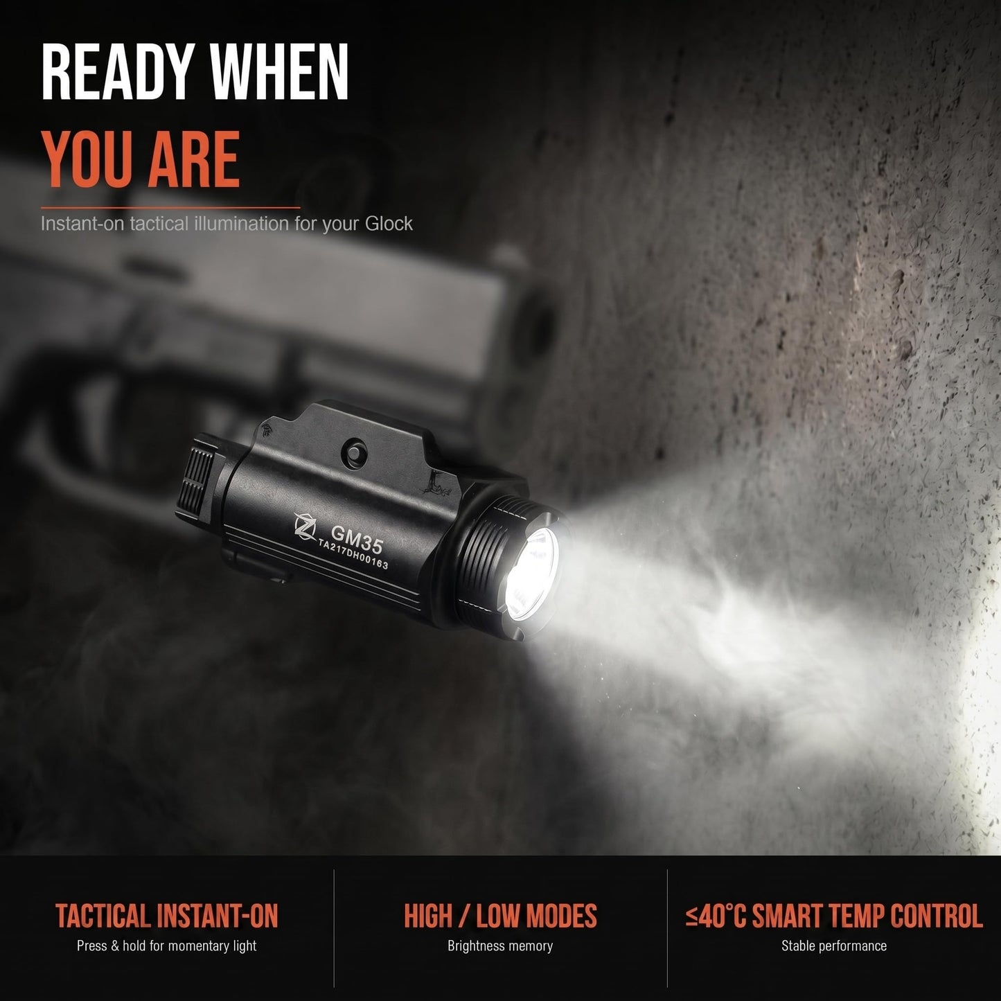 Zorviron GM35 Tactical Flashlight, USB-C Rechargeable,1350 Lumen Rail Mounted Light, FL1 198m Throw, Ambidextrous Dual Switch, Lockout Mode, Fits Glock 17/19/22/23 GL & 1913 Picatinny, IP65
