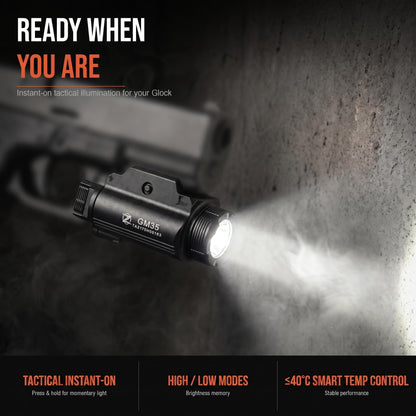 Zorviron GM35 Tactical Flashlight, USB-C Rechargeable,1350 Lumen Rail Mounted Light, FL1 198m Throw, Ambidextrous Dual Switch, Lockout Mode, Fits Glock 17/19/22/23 GL & 1913 Picatinny, IP65
