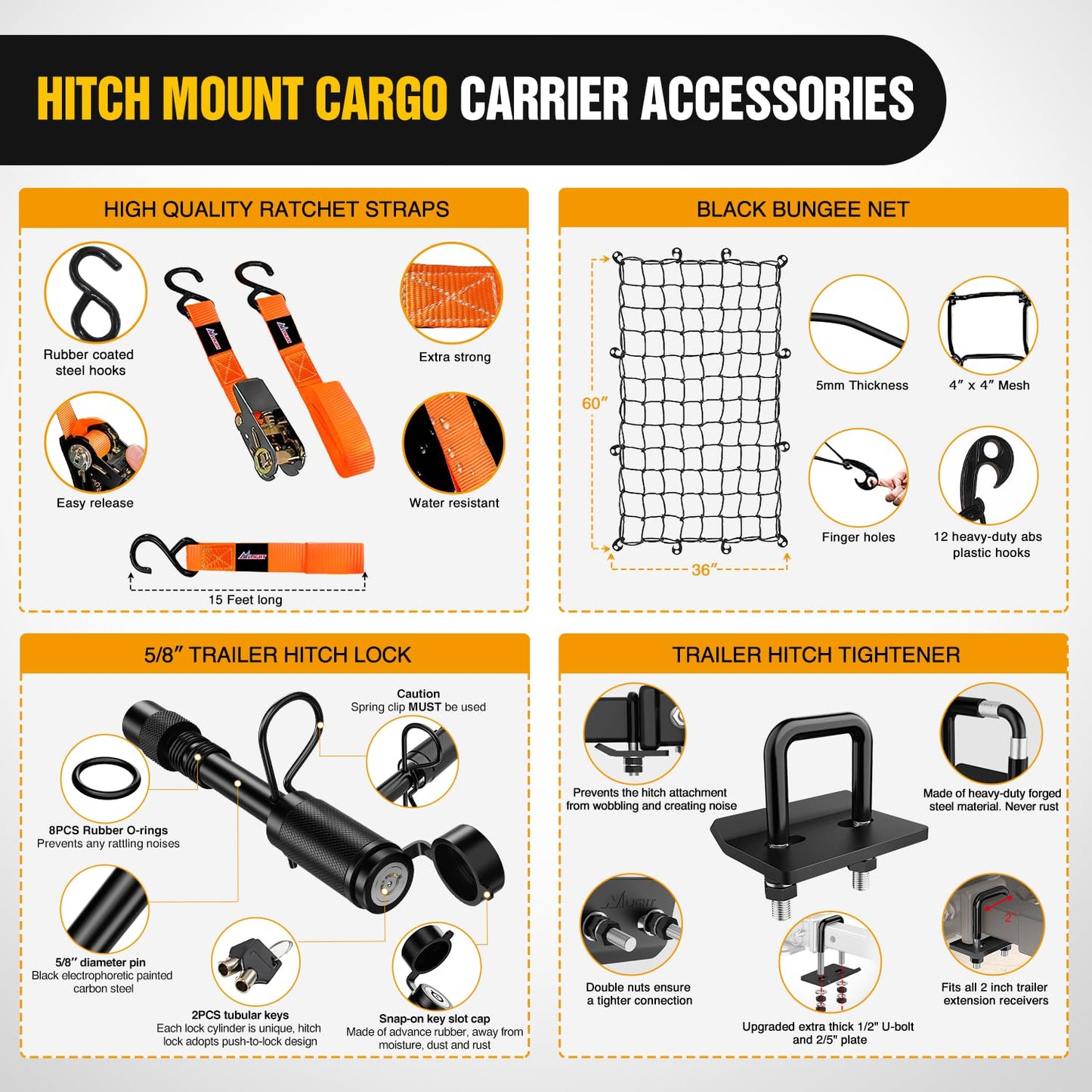 Nilight 60" x 20"x 7.87" Folding Carrier Fits 2-Inch Receiver 500 Lbs Capacity Bag Net Ratchet Straps Lock Stabilizer for SUV Pickup RV Van