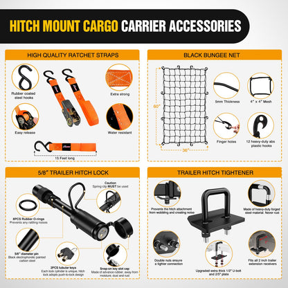 Nilight 60" x 20"x 7.87" Folding Carrier Fits 2-Inch Receiver 500 Lbs Capacity Bag Net Ratchet Straps Lock Stabilizer for SUV Pickup RV Van