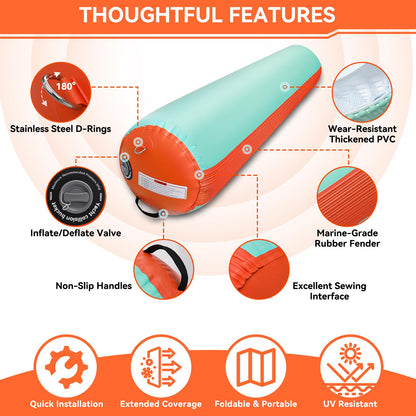 GYMMALL Inflatable Boat Bumpers for Docking Boat Fenders with 600W Electric Pump, 10FT Heavy Duty PVC Dock Bumpers Fenders 1 Pack for Fishing Boats, Jet Skis, Yachts, Floating Dock - Orange Green