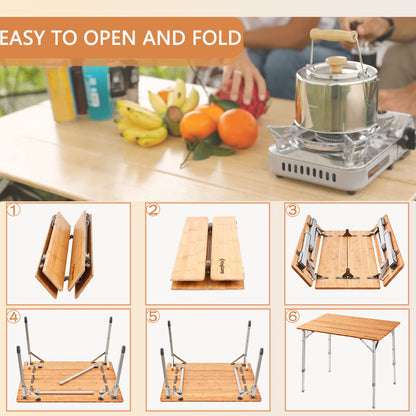 KingCamp Lightweight Stable Folding Camping Table Bamboo Outdoor Folding Tables Adjustable Height Portable Picnic