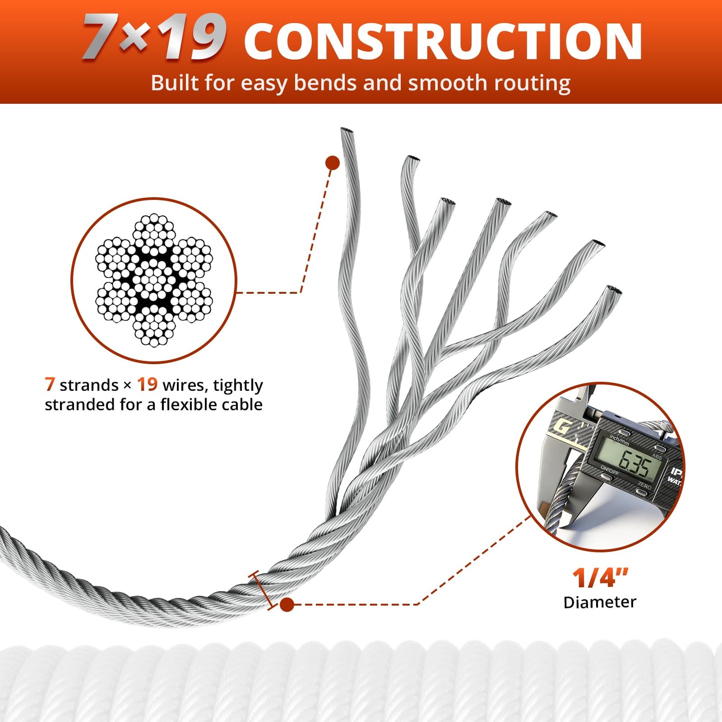 VEPURLT 200FT 1/4" Thickened Stainless Steel Cable Wire Rope, 7x19 Strand Aircraft Cable 6400lb Breaking Strength with Clamps & Thimbles for Zipline, String Light Hanging, Clothesline, DIY Projects