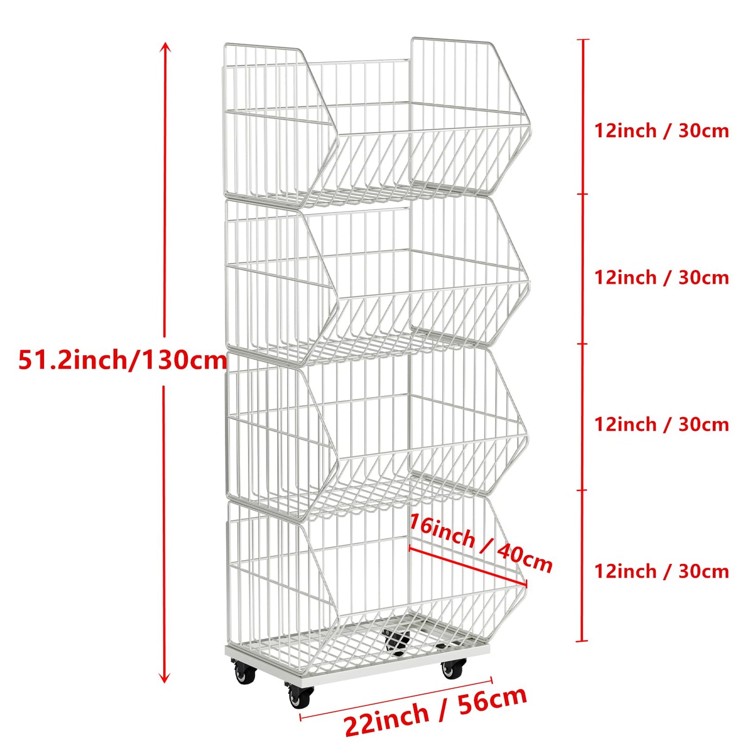 OFEYA HOME Standing Metal Shelving Unit, Removable Wire Storage Basket with Wheels, Folding Shoe Racks, Clothing Sweaters Shoes Handbags Organizer for Kitchen Garage Pantry Porch (4-Tier with Base)