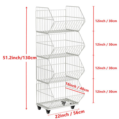 OFEYA HOME Standing Metal Shelving Unit, Removable Wire Storage Basket with Wheels, Folding Shoe Racks, Clothing Sweaters Shoes Handbags Organizer for Kitchen Garage Pantry Porch (4-Tier with Base)