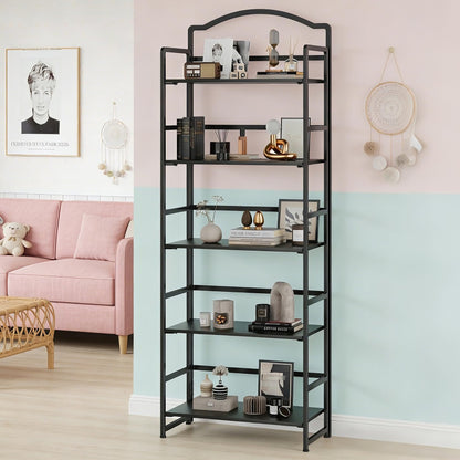 JSB 5 Tier No Assembly Folding Bookshelf, Arched Bookshelf, Foldable Bookcase for Living Room, Bedroom, Office,Skinny Bookshelf (Black)