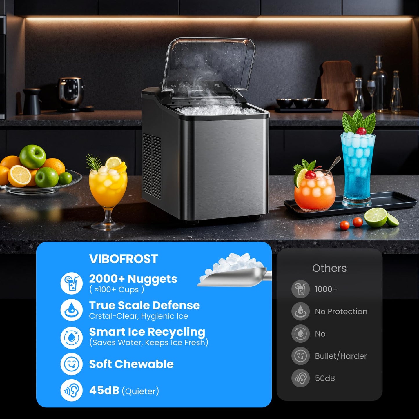 VIBOFROST Nugget Ice Maker Countertop, Fast 35lbs/24H Sonic Pebble Ice Machine, Self-Cleaning Anti-Scale System, Stainless Steel Portable Ice Maker for Home, Kitchen, RV, 10 Cleaning Packets
