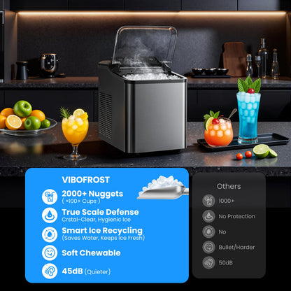 VIBOFROST Nugget Ice Maker Countertop, Fast 35lbs/24H Sonic Pebble Ice Machine, Self-Cleaning Anti-Scale System, Stainless Steel Portable Ice Maker for Home, Kitchen, RV, 10 Cleaning Packets