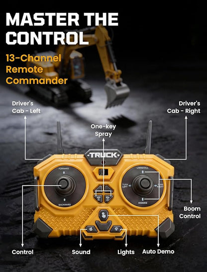RC Excavator Toy with 4*Battery Set for Boys 11-Channel Remote Control Excavator Alloy Bucket Metal Construction Vehicle with LED Lights Sound and Water Spray Exhaust for Kids