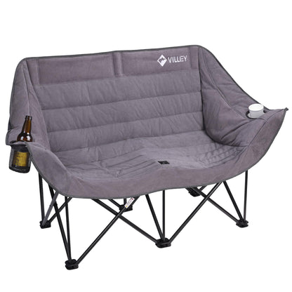 VILLEY Oversized Double Camping Chair, Heavy-Duty Folding Loveseat Camp Chair with Cup Holders, 2 Person Outdoor Chair Supports up to 900 lbs for Camping, Beach, Lawn & Sports, Grey