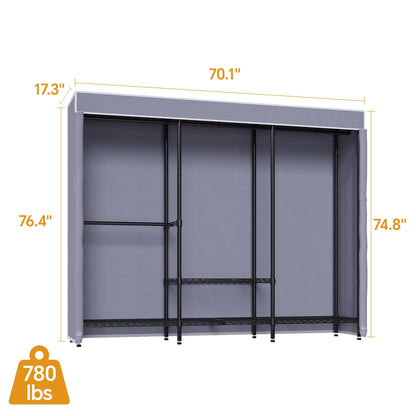 Higeego H8 Heavy Duty Clothes Rack with Cover, Covered Garment Rack with Shelves, Wardrobe Closet with Cover, Portable Closet Organizer Storage, Black Clothing Rack with Grey Cover
