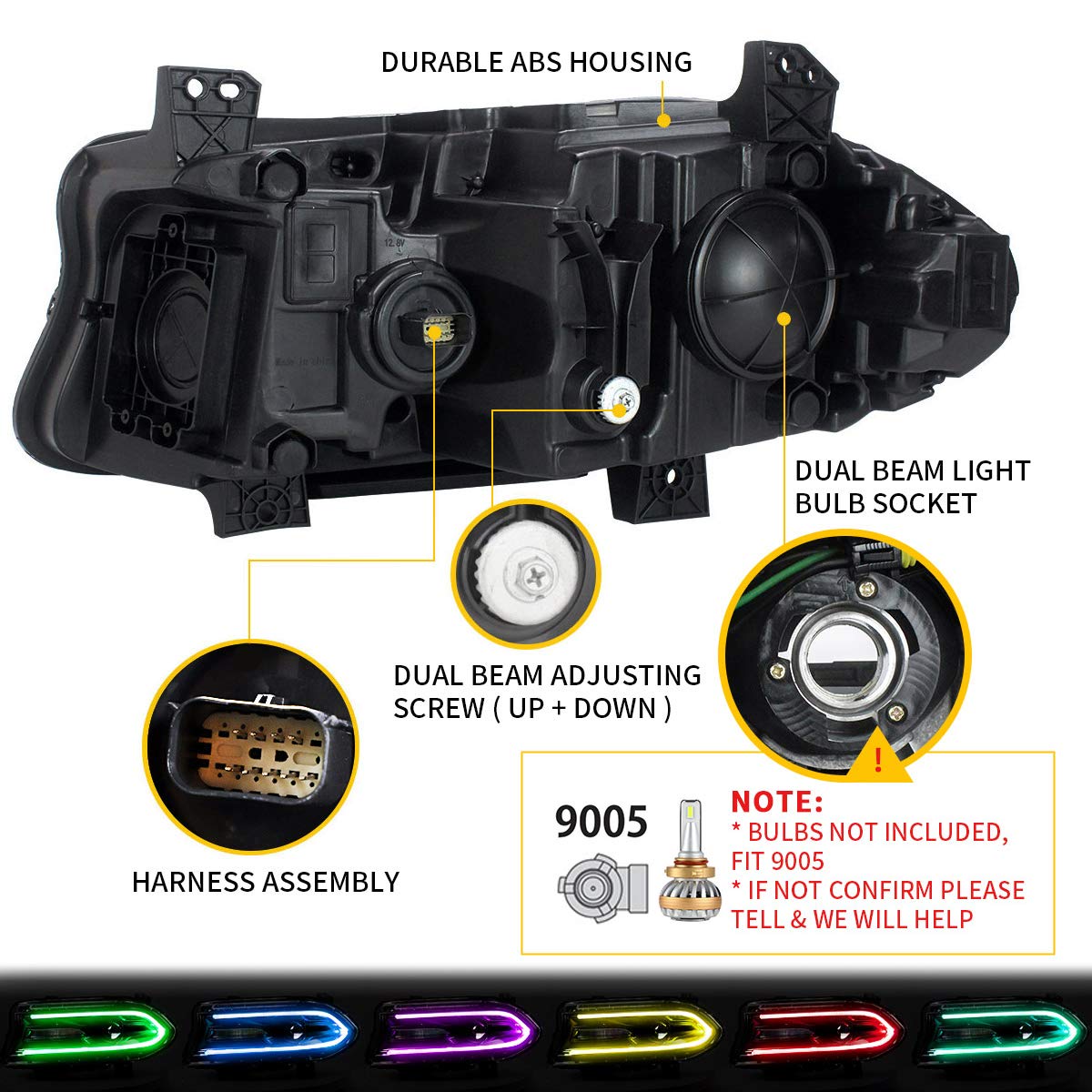 VLAND Headlights Assembly For Dodge Charger 2015-2023 (Fit For Factory Halogen Model Only)