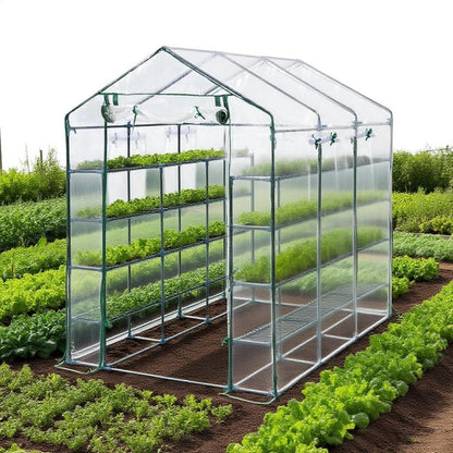 Greenhouse, 57 x 85 x 77'' Greenhouses for Outdoors, with Mesh Side Windows, PE Cover, 8 Shelves, Heavy Duty Walk in Green House for Backyard Garden Indoor, White& Green Outside