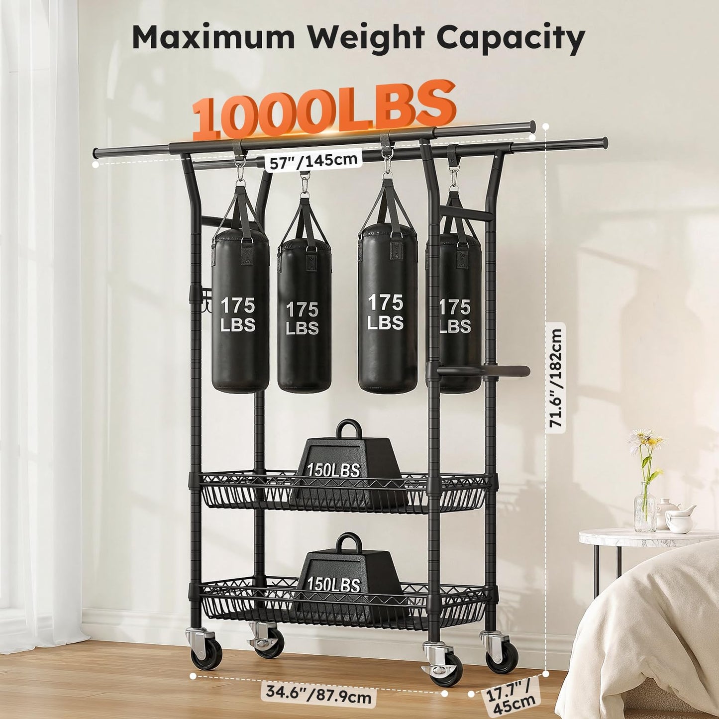 SOLEDI Heavy-Duty Clothes Rack, 1000 LBS clothing rack with wheels Load Capacity Double Rod Clothing Rack with Shelves & Lockable Wheels, Suitable for Bedroom, Entryway, Living Room & Garage (black)
