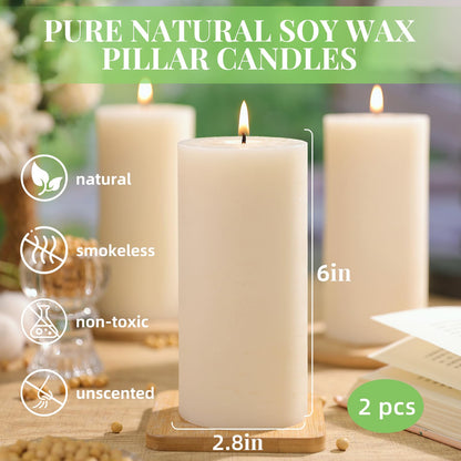 2 Pack Natural Ivory Soy Pillar Candles, 2.8x6 in Hand-Poured Unscented Soy Wax Candles, 180 H Burn Time, Non-Toxic, Smokeless Dripless Rustic Pillar Candle for Dinner Table, Wedding, Home, Bathroom