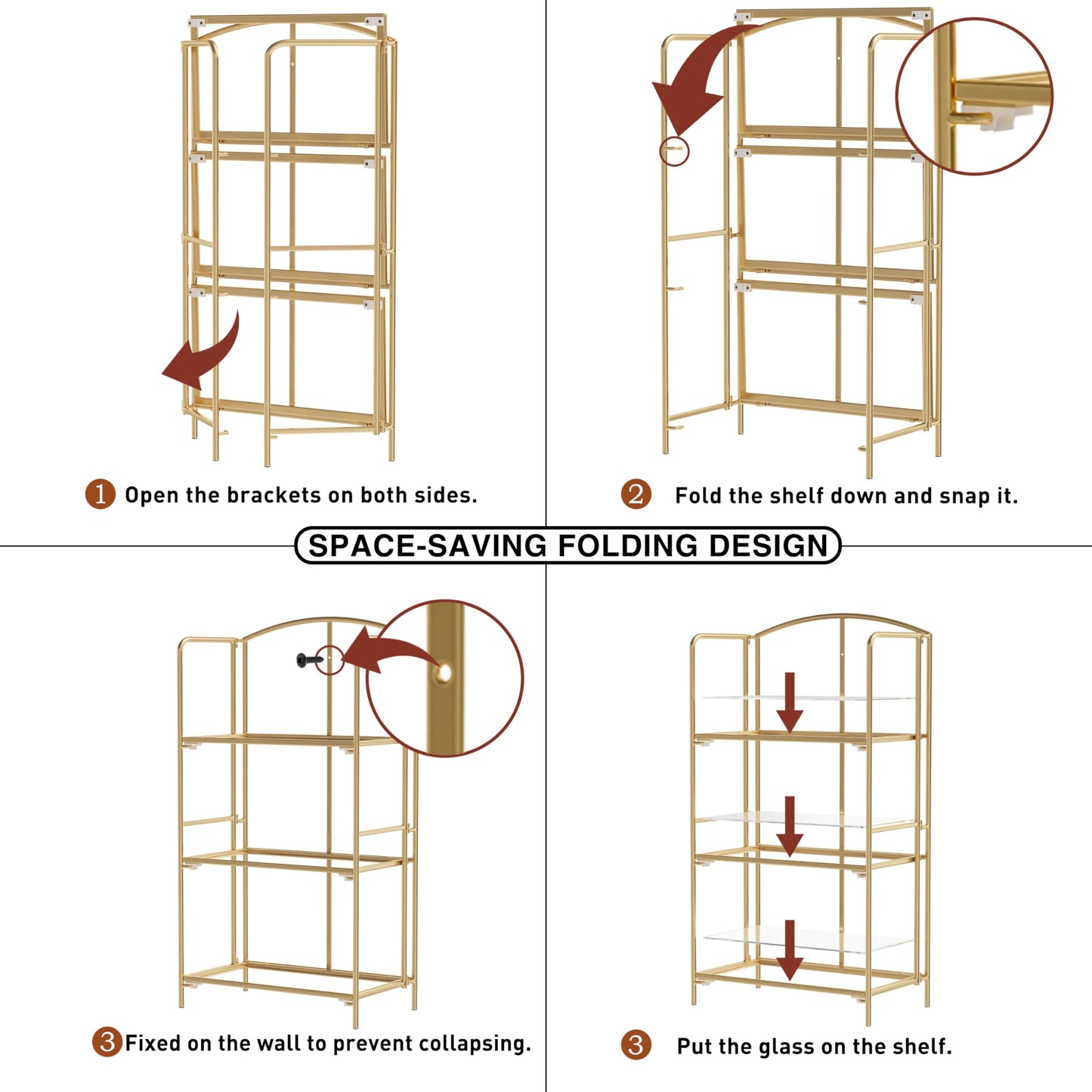 Crofy No Assembly Folding Bookshelf for Living Room, 3 Tier Gold Collapsible Book Shelf for Home Office, Portable Bookcase Storage Organizer