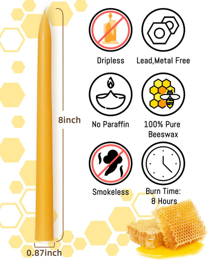 Viyffo 8 Inch Pure Beeswax Taper Candles, 12 Pack Handcrafted Dripless & Smokeless Long Burning Unscented Candles, 8 Hour Burn for Dinner, Wedding, Home, Prayer Decor