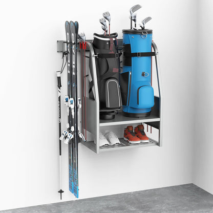 WALMANN Wall Mount Golf Bag Organizer, 2 Golf Bags Stand Golfing Equipment and Accessories Storage Rack for Garage(Silver)