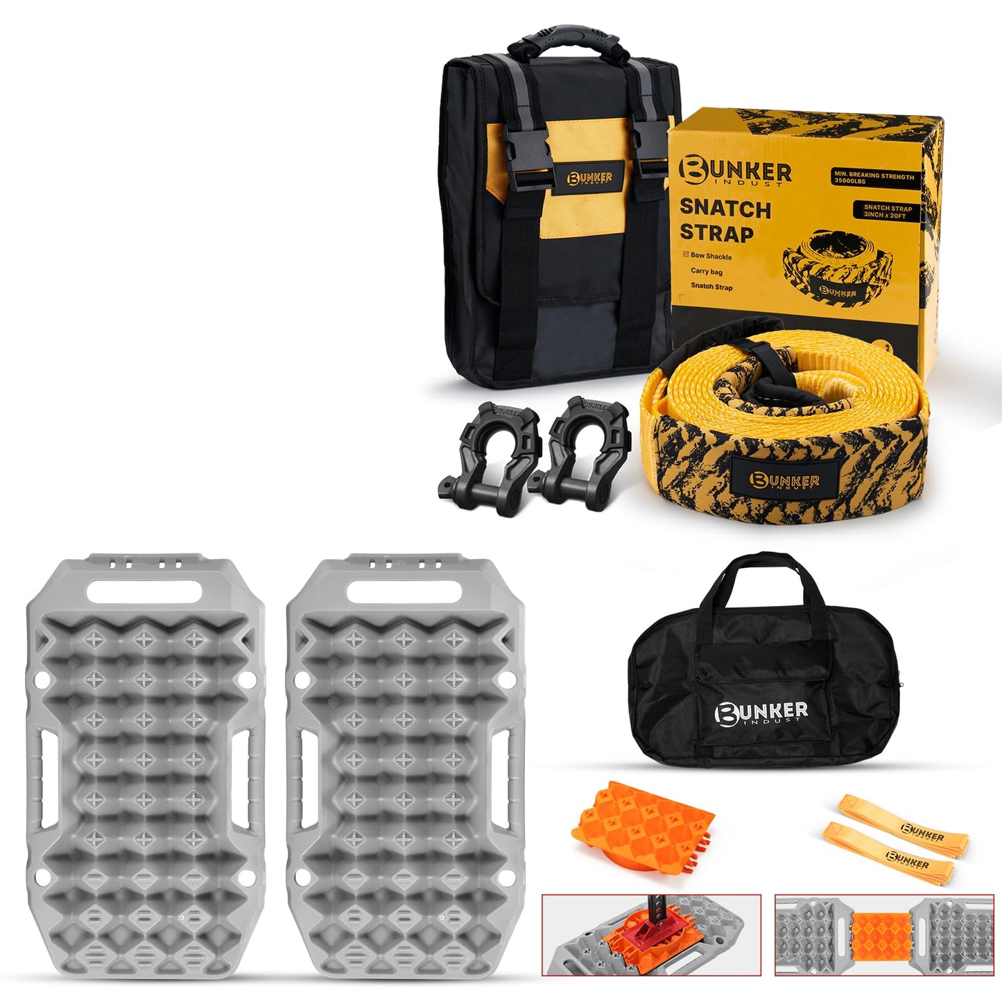 BUNKER INDUST Offroad Traction Boards with Jack Base (Grey) + 3" x 20ft Recovery Straps + Pair 3/4 D Ring Shackles + Bag 35,000 lbs Tree Saver Winch Strap
